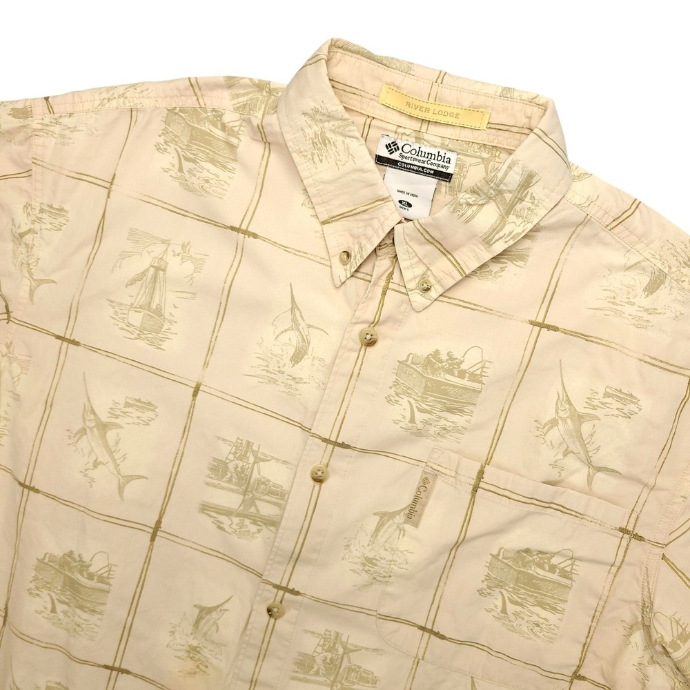 Columbia River Lodge Shirt Mens XL Beige Fishing Short Sleeve Button Up Nautical